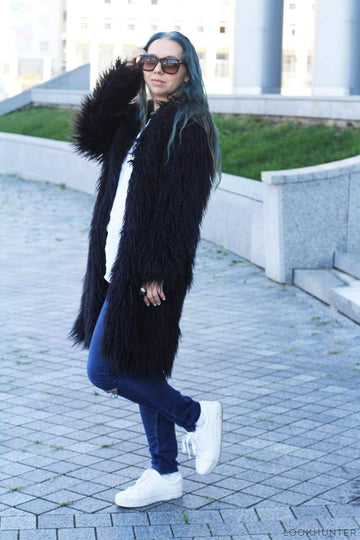 Black Shaggy Faux Llama Fur Midi coat - LOOKHUNTER