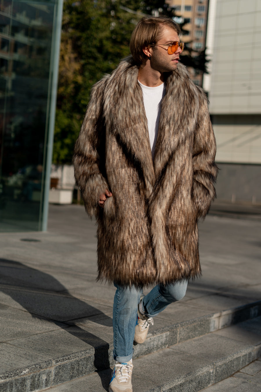 Coyote faux fur coat with shawl collar