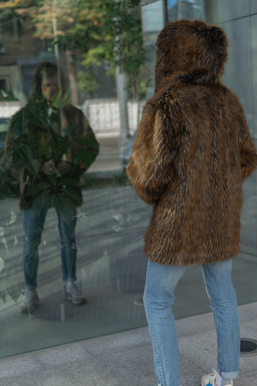 Faux Raccoon Fur coat with Oversized hood