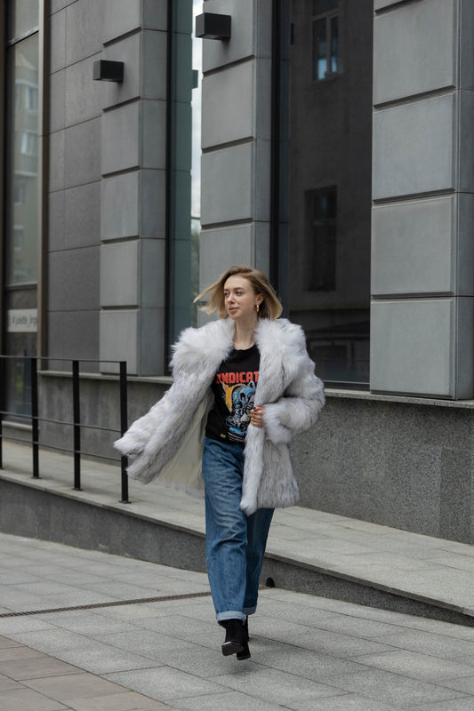 white fluffy coat with notch lapels 