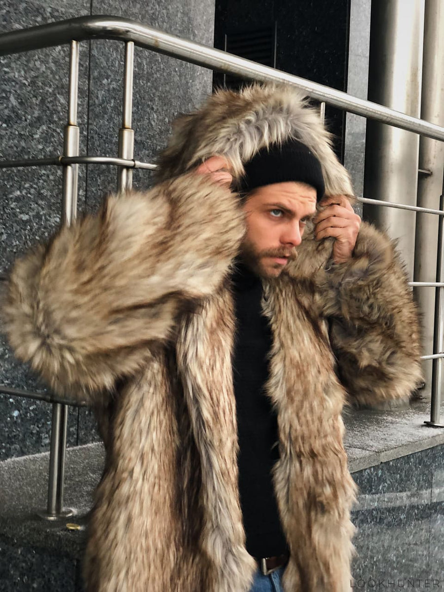 Men hooded faux coyote fur jacket – LOOKHUNTER