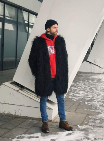 Jon Snow black shaggy faux fur coat