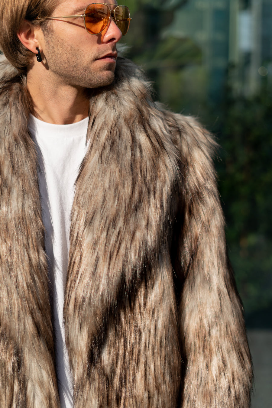 Coyote faux fur coat with shawl collar