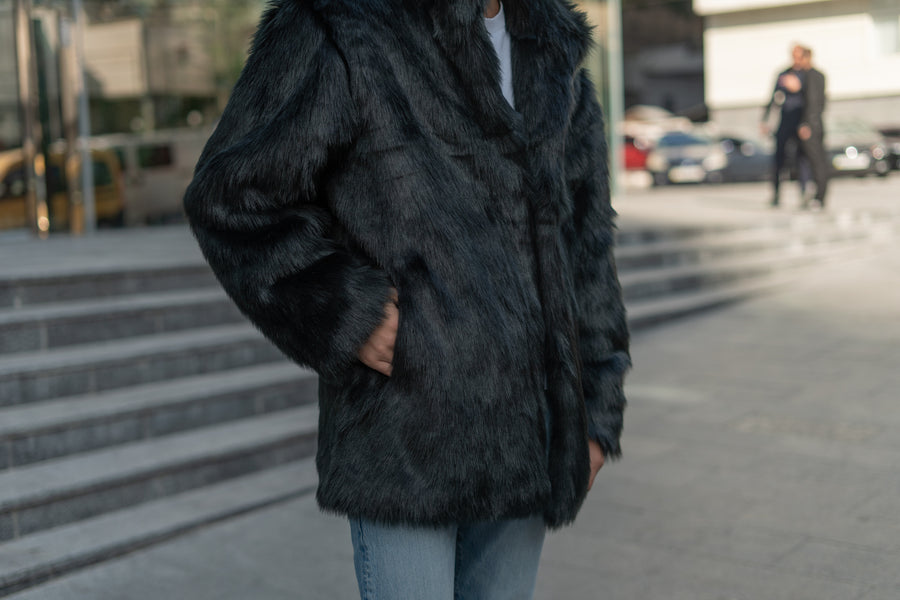 Black wolf faux fur jacket