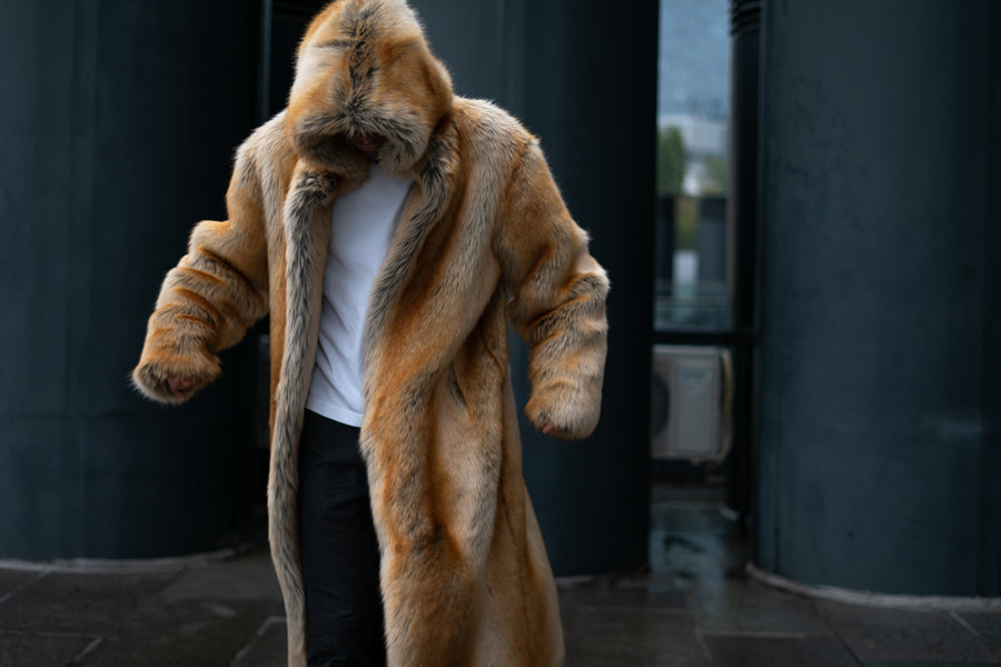 Men hooded faux fox coat