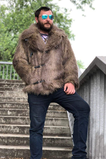 Men Faux Jackal Fur Jacket with Collar - LOOKHUNTER