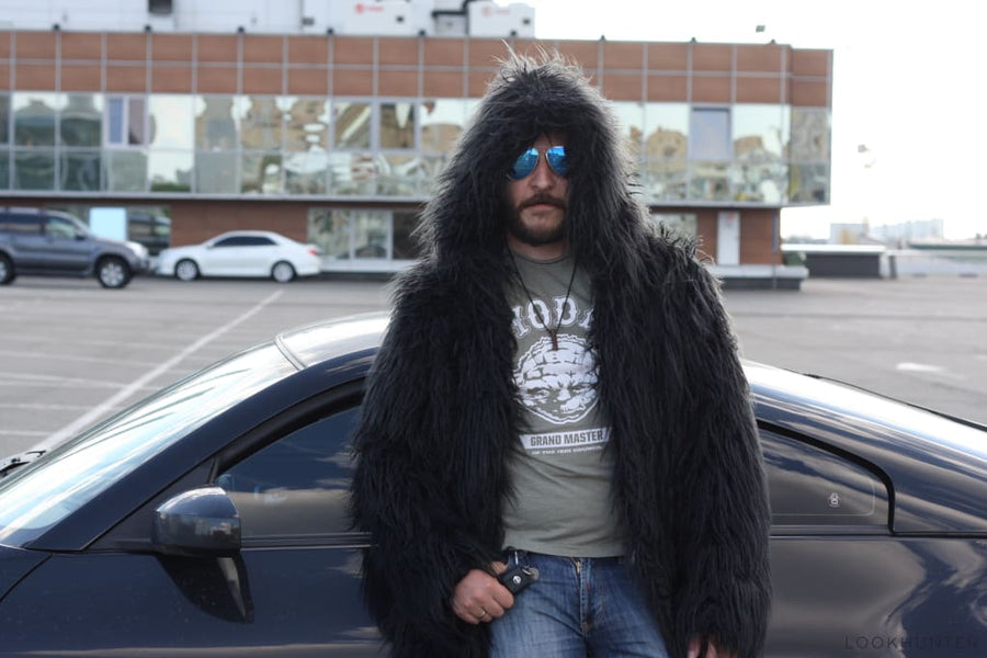 Beige hooded faux fur jacket - LOOKHUNTER
