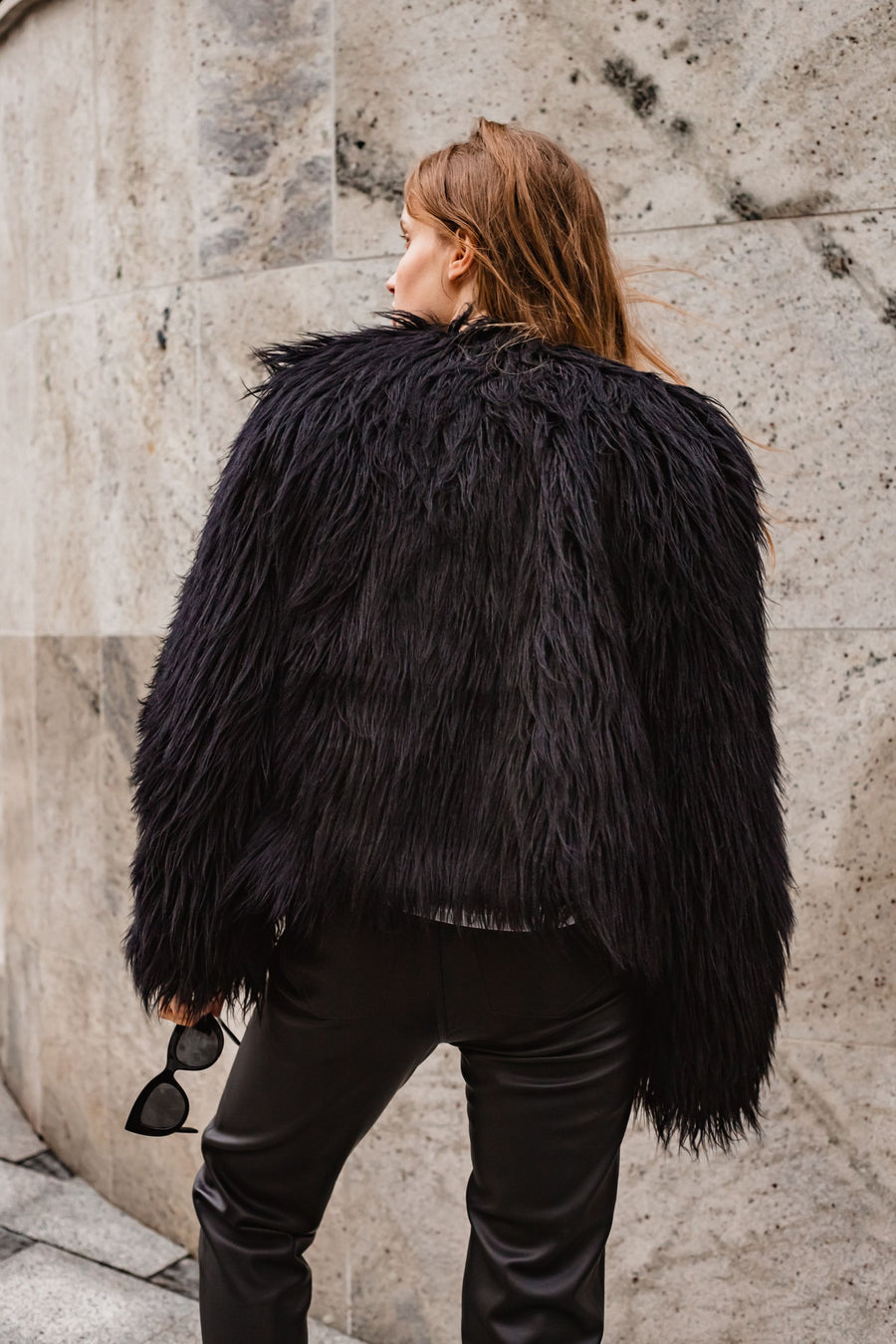 Cropped black faux fur jacket