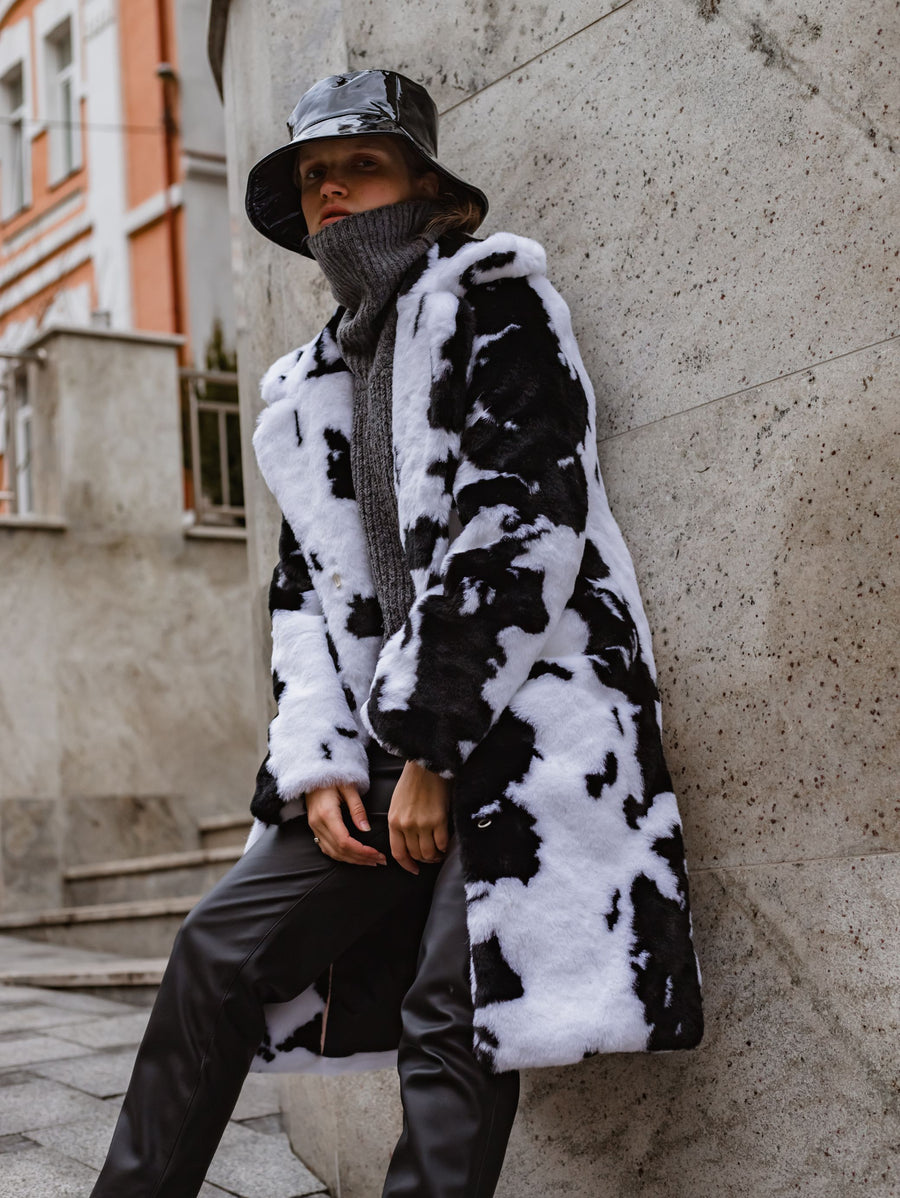 Cow print faux fur coat