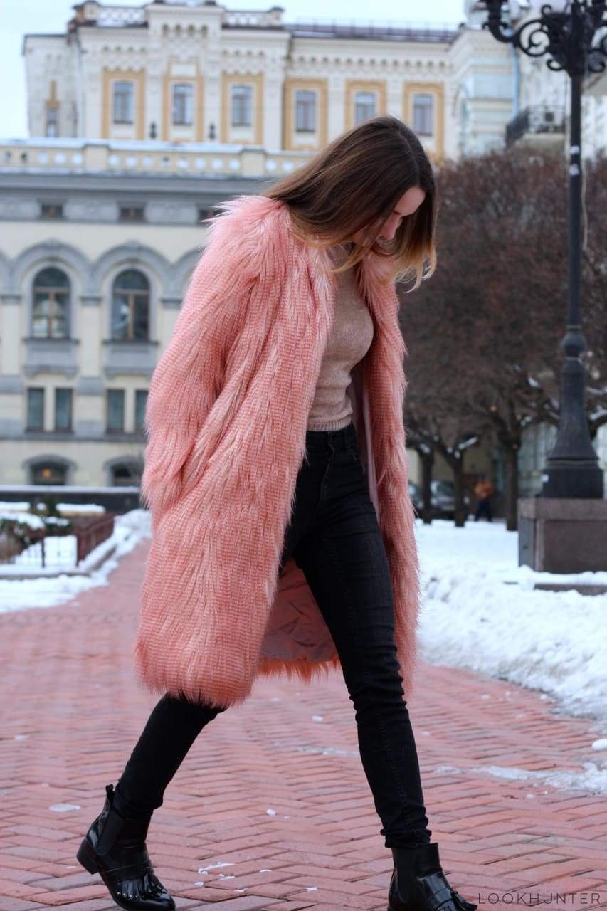 Peach Pink Faux Llama Fur Coat - LOOKHUNTER