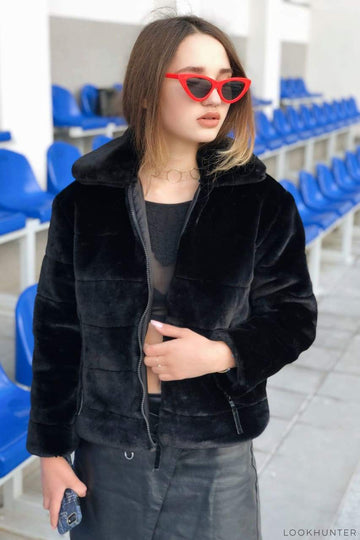 Black Quilted Plush Crop Jacket - LOOKHUNTER