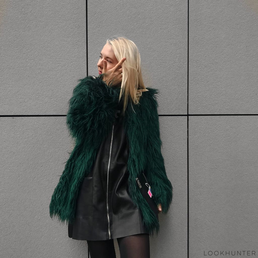 Emerald Shaggy Faux Llama Fur Coat - LOOKHUNTER