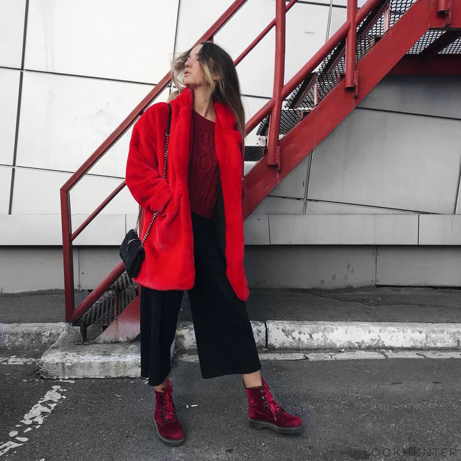 Red Faux Rabbit Fur Coat - LOOKHUNTER