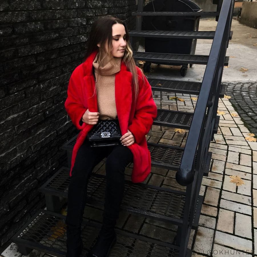 Red Faux Rabbit Fur Coat - LOOKHUNTER