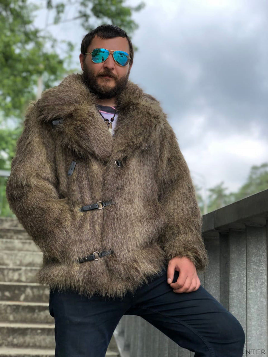 Men Faux Jackal Fur Jacket with Collar - LOOKHUNTER