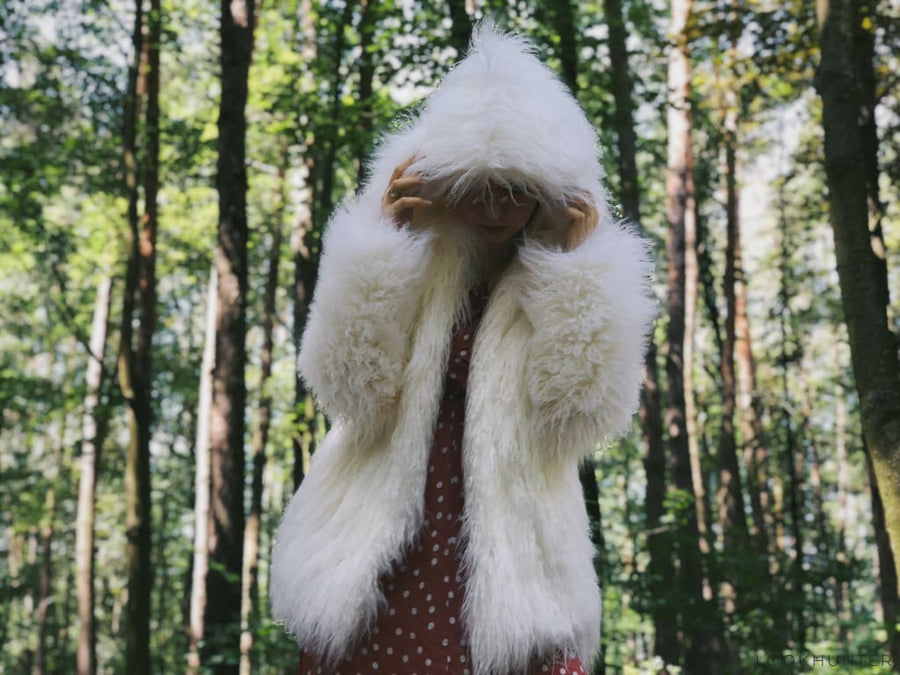 White Grey Hooded Faux Llama Fur Coat - LOOKHUNTER