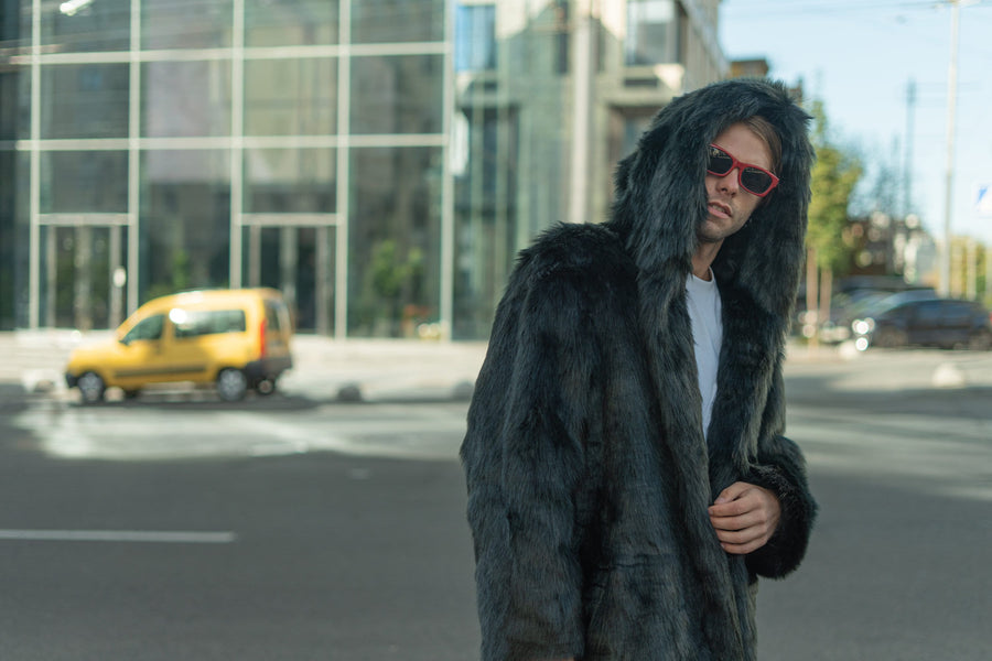 Men's black hooded faux fur coat / Black wolf fake fur jacket / Festival furry coat for man