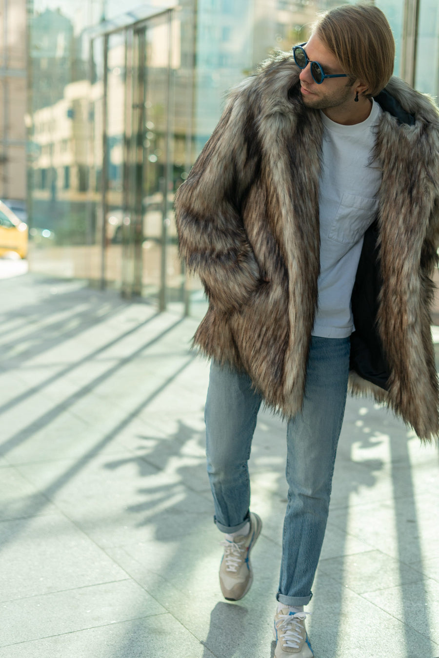 Coyote faux fur jacket with oversize hood, man beige fake fur jacket, Burner coat