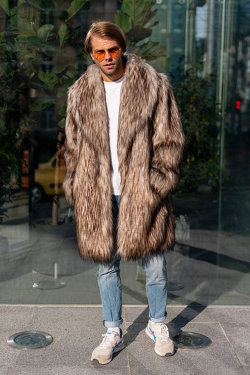 Collared coyote faux fur jacket, Coat with shawl collar, Mans midi faux fur coat