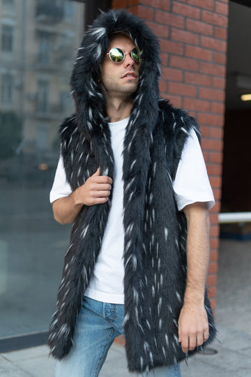 Black hooded faux fur vest, Man furry vest with oversize hood, Sleeveless faux fur jacket