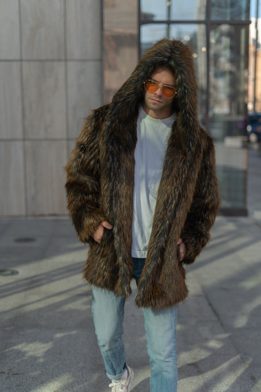 Raccoon hooded jacket, Faux fur coat with oversize hood, Man fake fur overcoat, Rave jacket