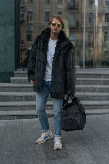 Black collared faux fur jacket, Men short fake fur jacket, Winter furry coat with collar