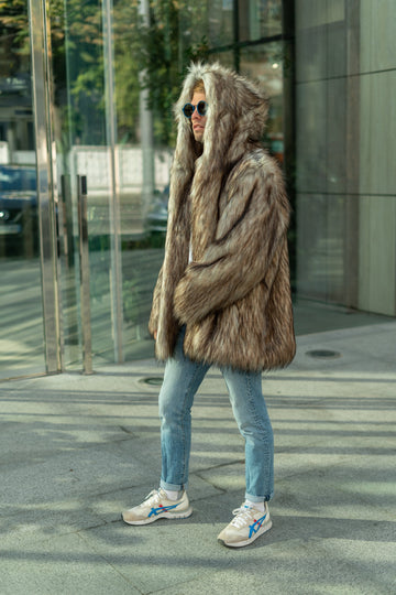 Coyote faux fur jacket with oversize hood, man beige fake fur jacket, Burner coat