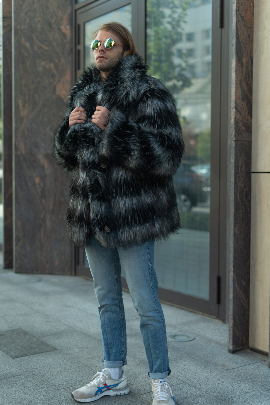 Short stripe faux fur jacket, Men's furry coat with large collar, Thick fur man winter jacket, Festival coat