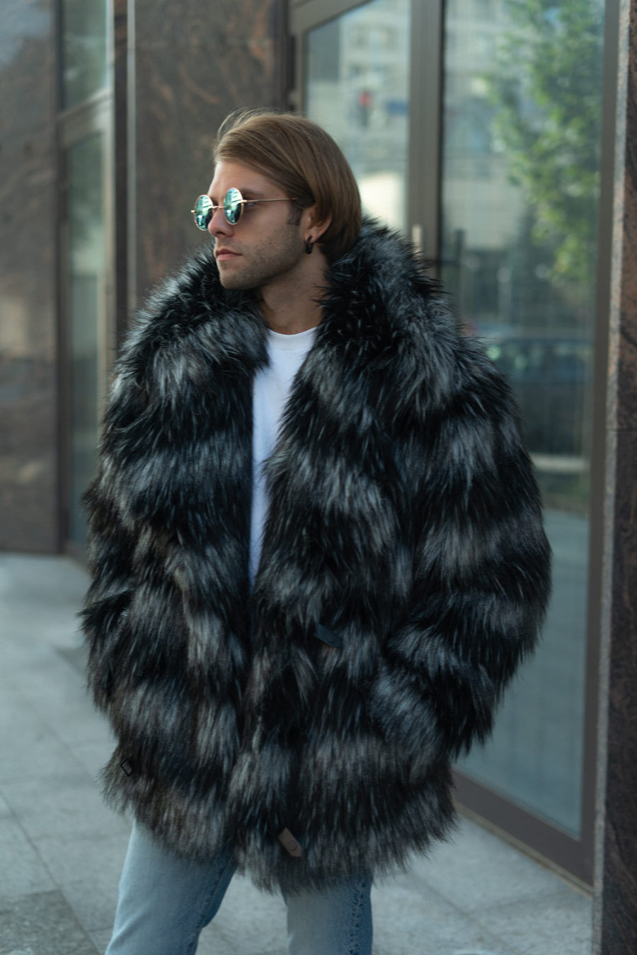 Short stripe faux fur jacket, Men's furry coat with large collar, Thick fur man winter jacket, Festival coat