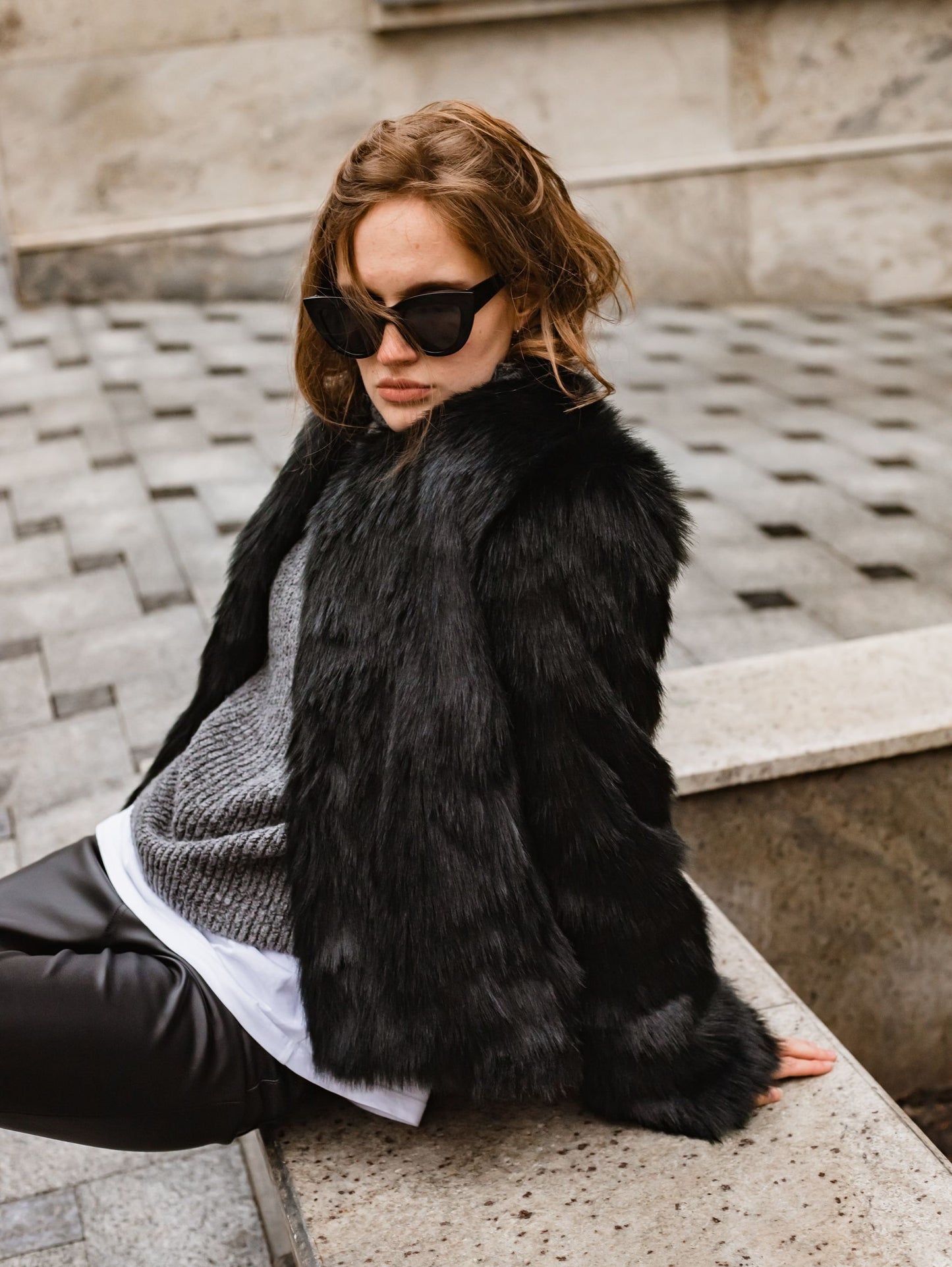 Cropped black wolf faux fur jacket