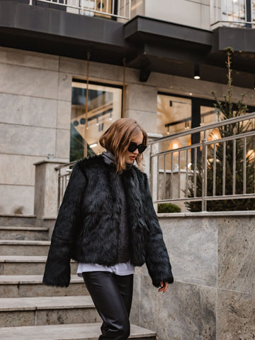 Black cropped faux fur jacket, short woman furry jacket, black wolf statement coat