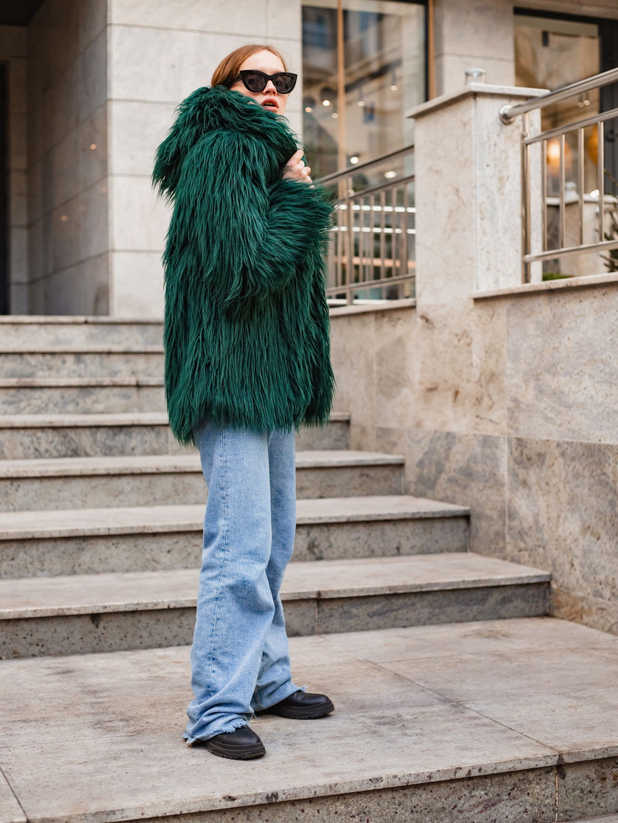 Emerald green faux fur coat, Hooded jacket, Women's shaggy coat, Burning man coat, Rave coat