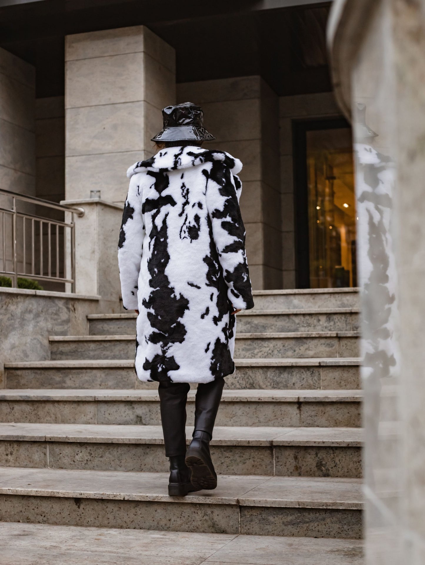 Cow print faux fur midi coat