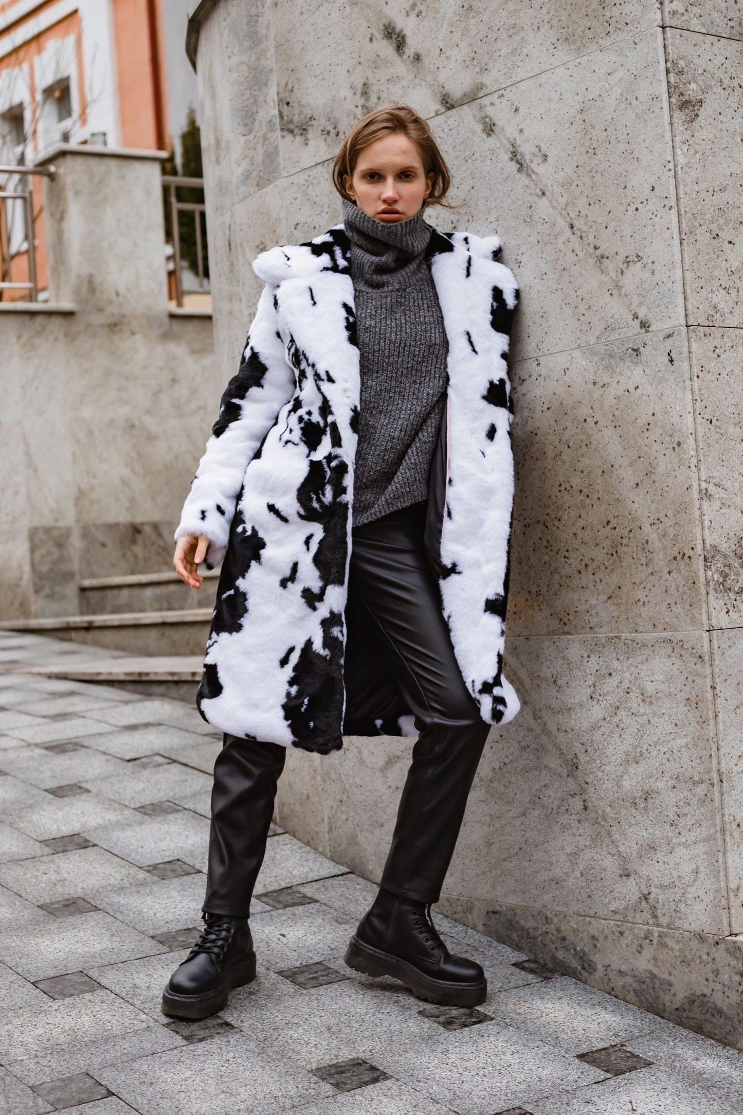 cow print midi woman coat