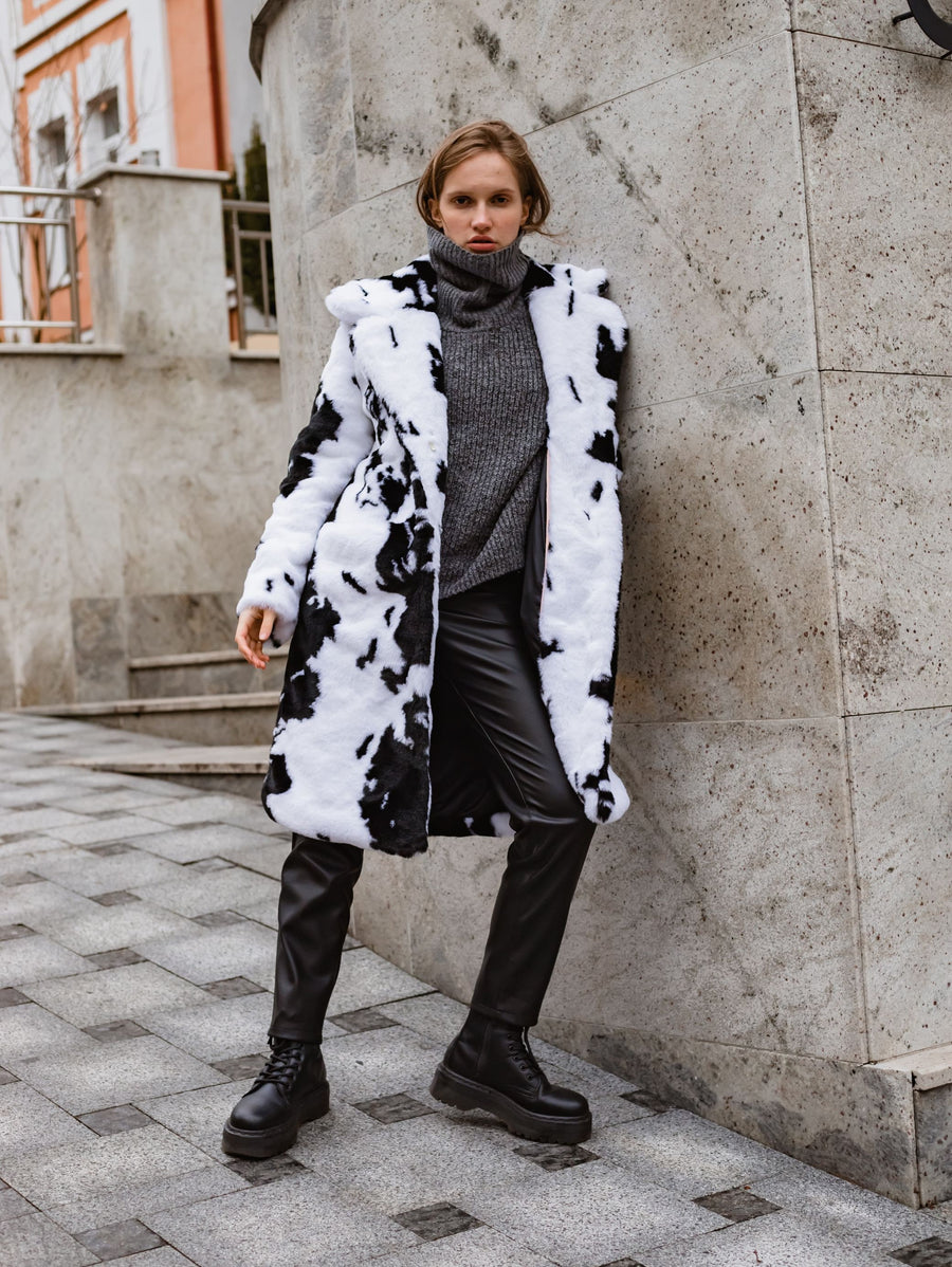 Cow print faux fur midi coat, Women black & white spotted jacket, Fuzzy fake fur coat