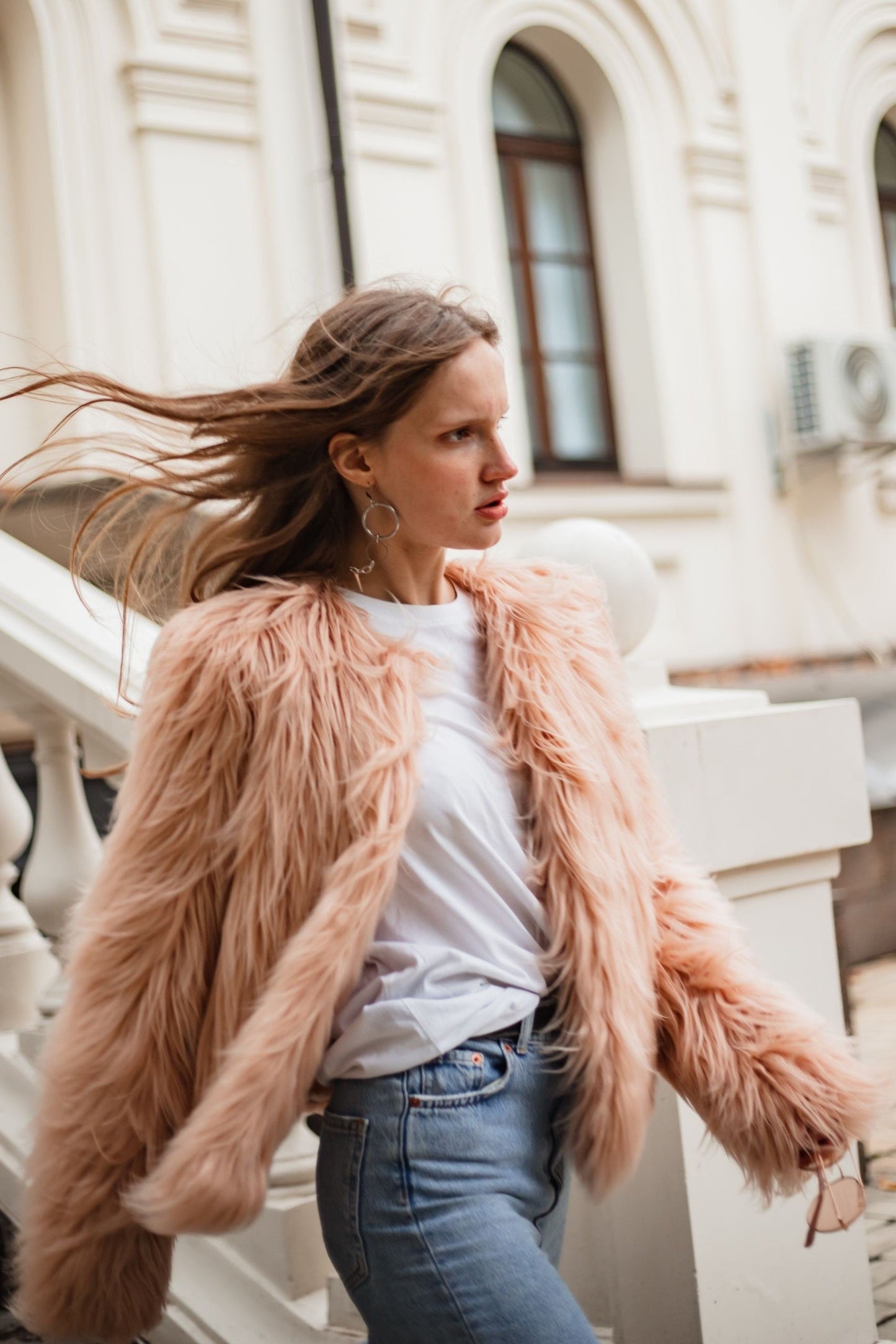 Long hair nude faux fur jacket