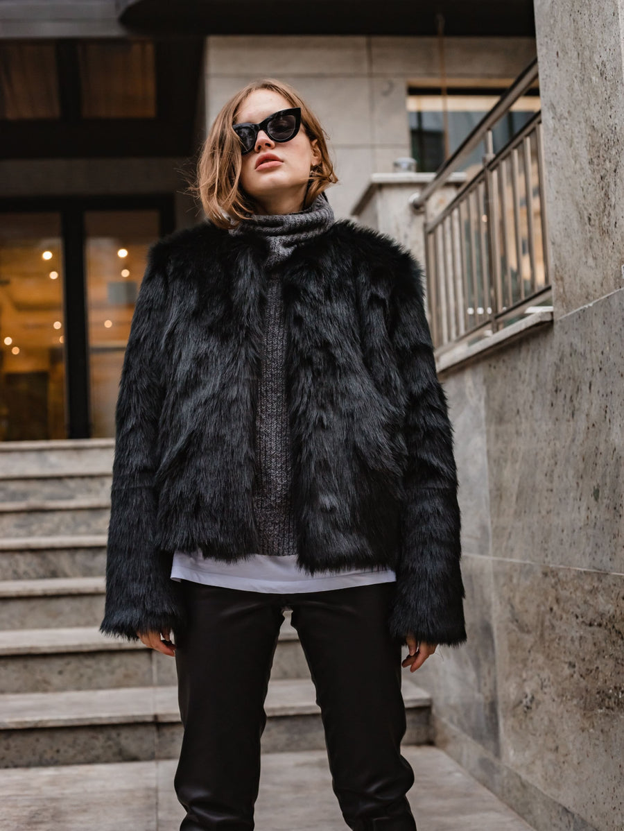 Black cropped faux fur jacket, short woman furry jacket, black wolf statement coat