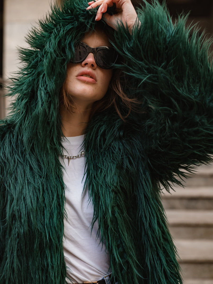 Emerald green faux fur coat, Hooded jacket, Women's shaggy coat, Burning man coat, Rave coat