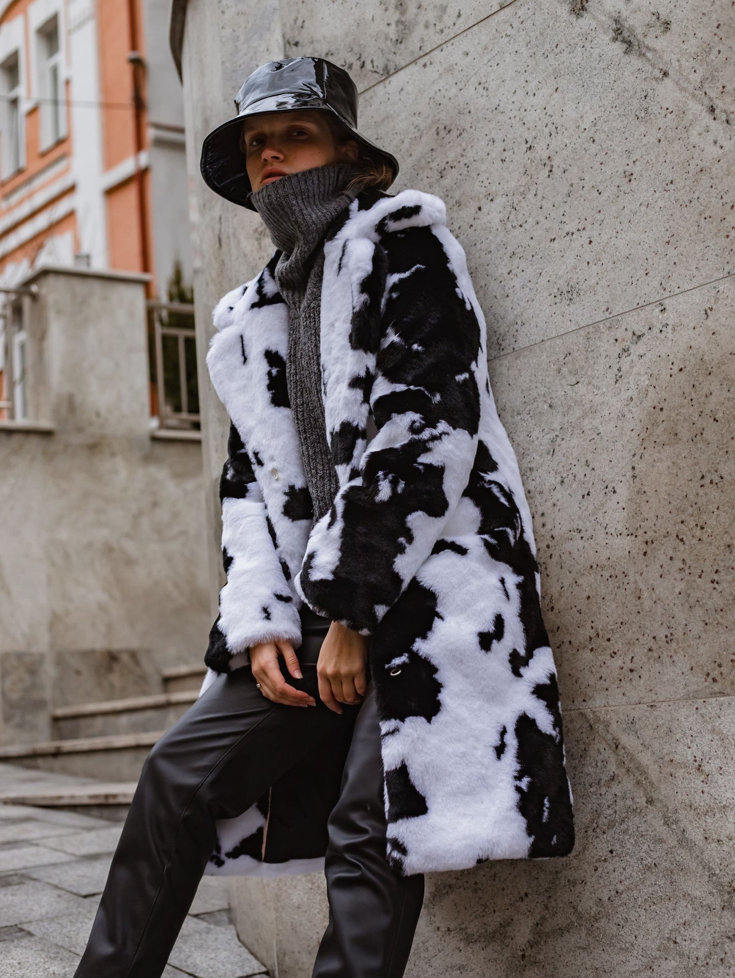 Cow print faux fur midi coat