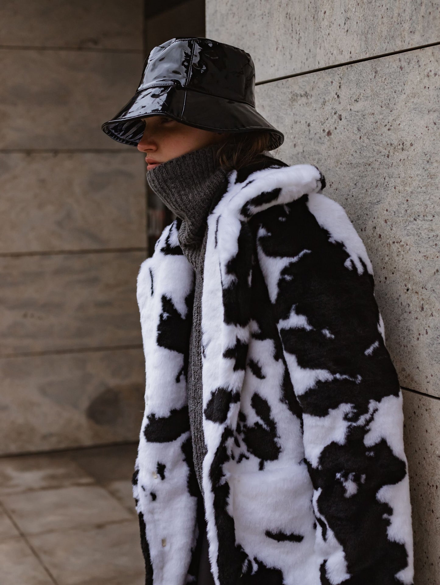 Cow print faux fur midi coat