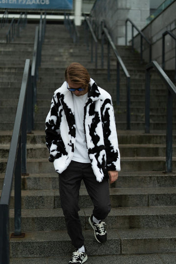 Cow print faux fur jacket, man collared black and white coat, short spotted fur jacket