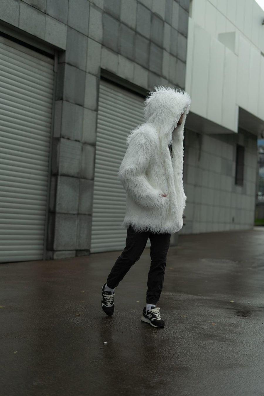 White shaggy faux fur coat with hood, Mens midi hooded jacket, Burning man coat