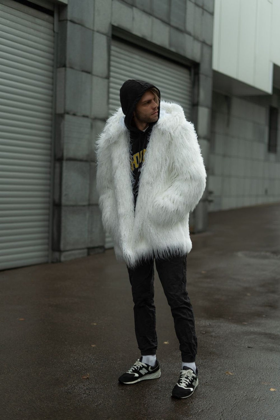 White shaggy faux fur coat with hood, Mens midi hooded jacket, Burning man coat
