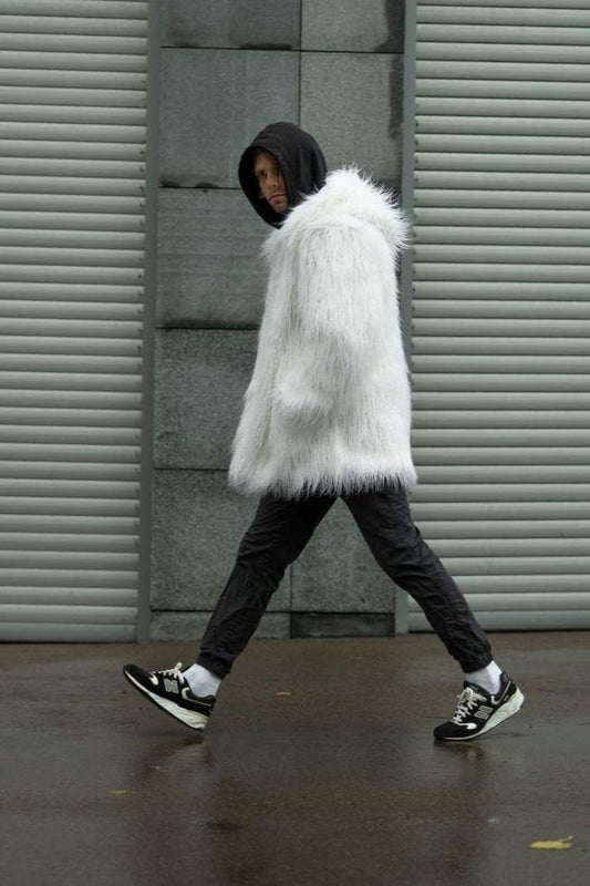 White llama faux fur coat with oversized hood 