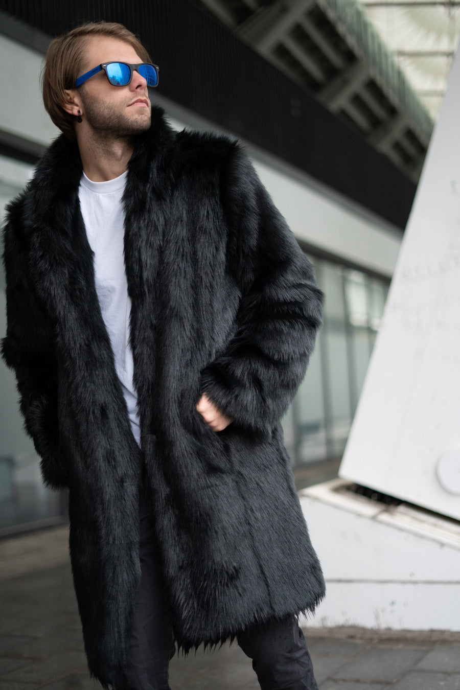 Black wolf midi coat, Men collared faux fur jacket
