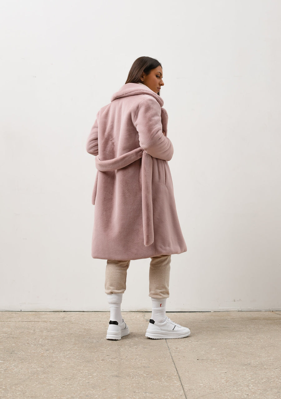 Pink plush faux fur coat, Blush long women coat,  Long sleeve coat with notched collar