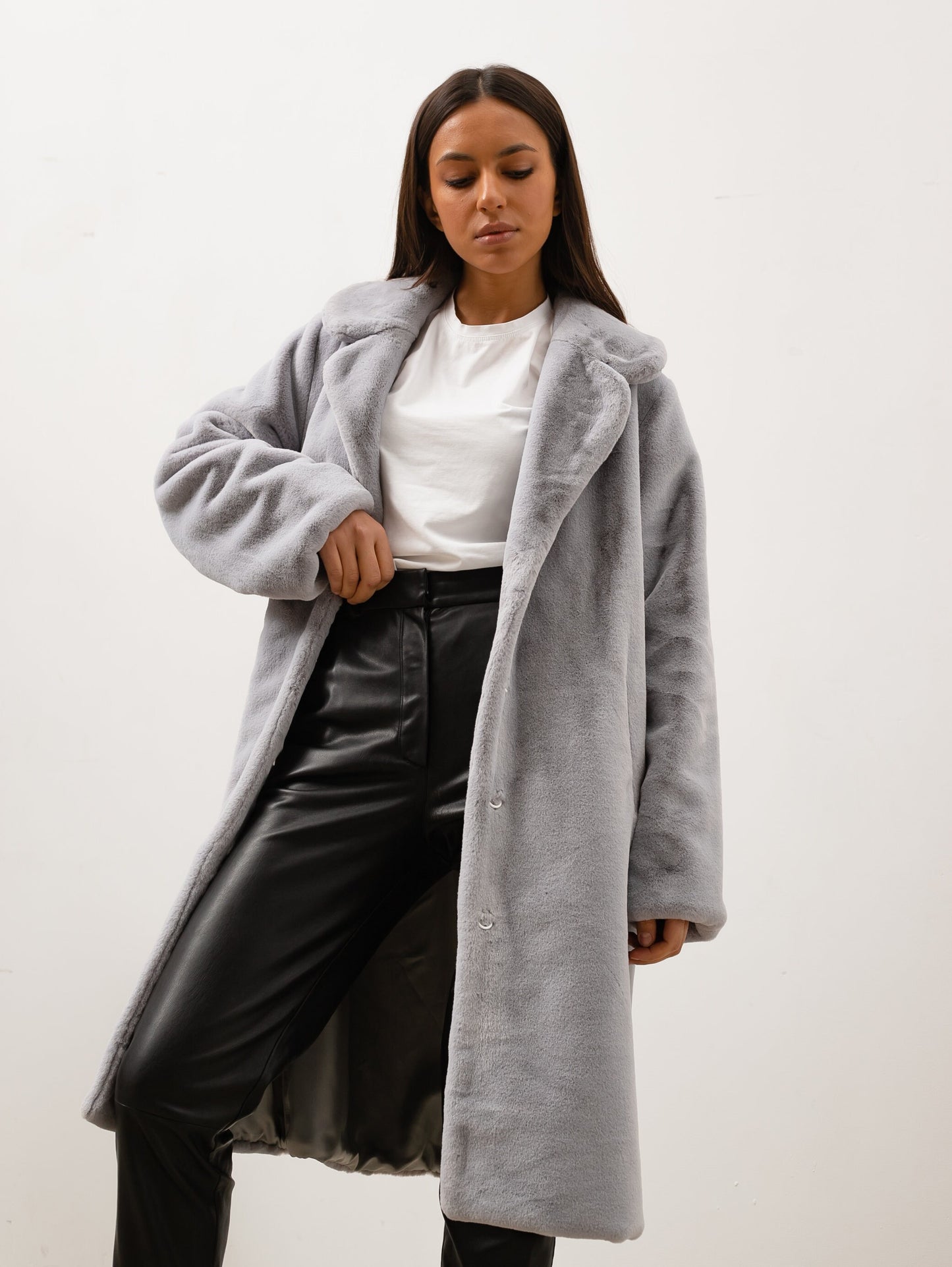 Gray plush belted midi coat