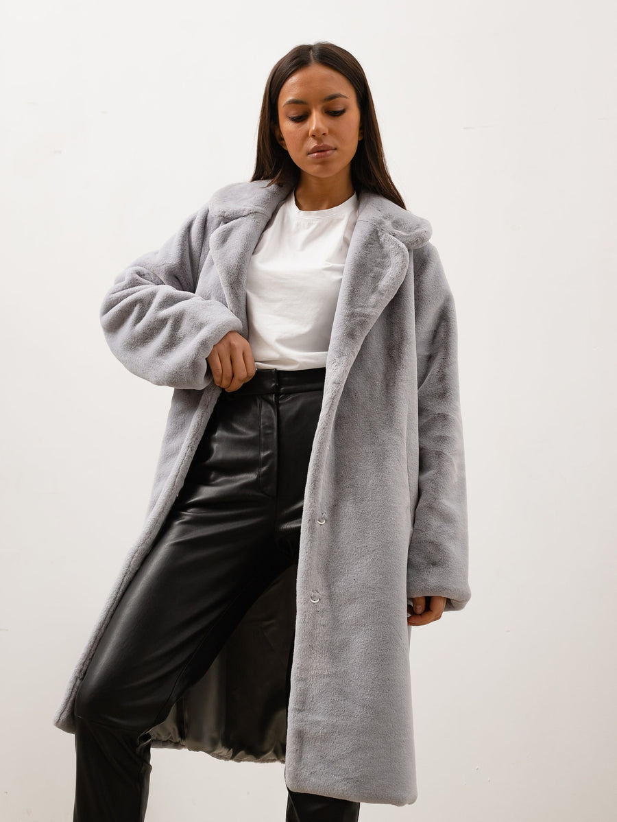 Gray plush midi coat, Collared women faux fur coat, Winter fake fur jacket with belt