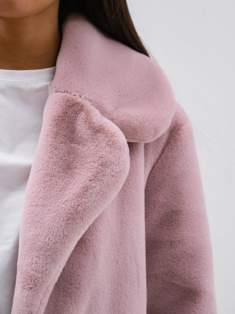 Pink plush faux fur coat, Blush long women coat,  Long sleeve coat with notched collar