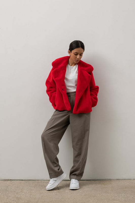 fire red faux fur coat